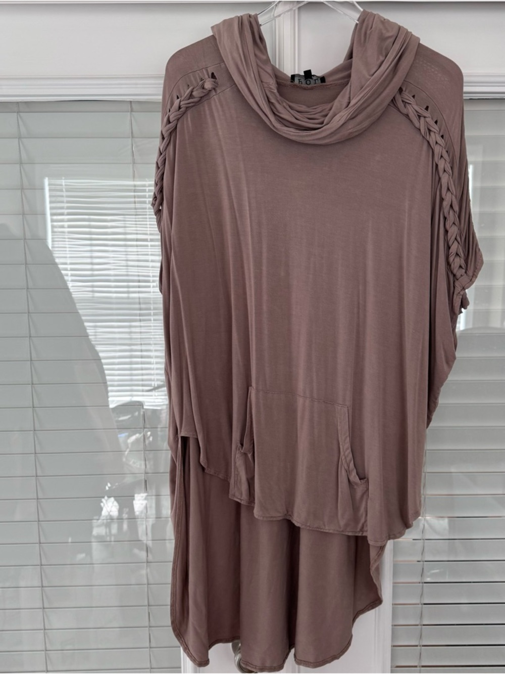 POL Taupe Hooded Draped Tunic with Braided Shoulder Detail
